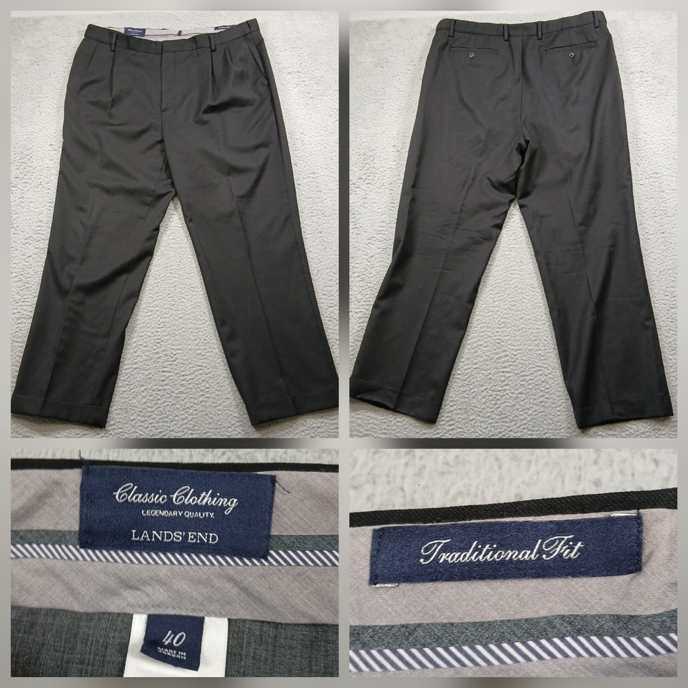 Lands' End Dress Pants Mens 40x29 Grey Traditional Fit Pleated Cuffed Wool Blend